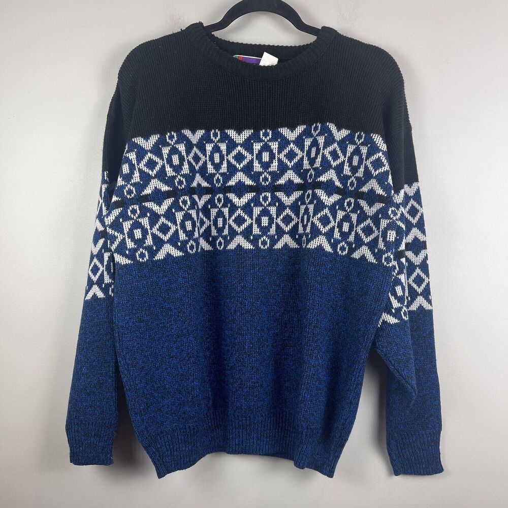 Vtg Sweater Graphix Mens Sweater Large Black Blue Grandpa Grunge Geo Slouchy